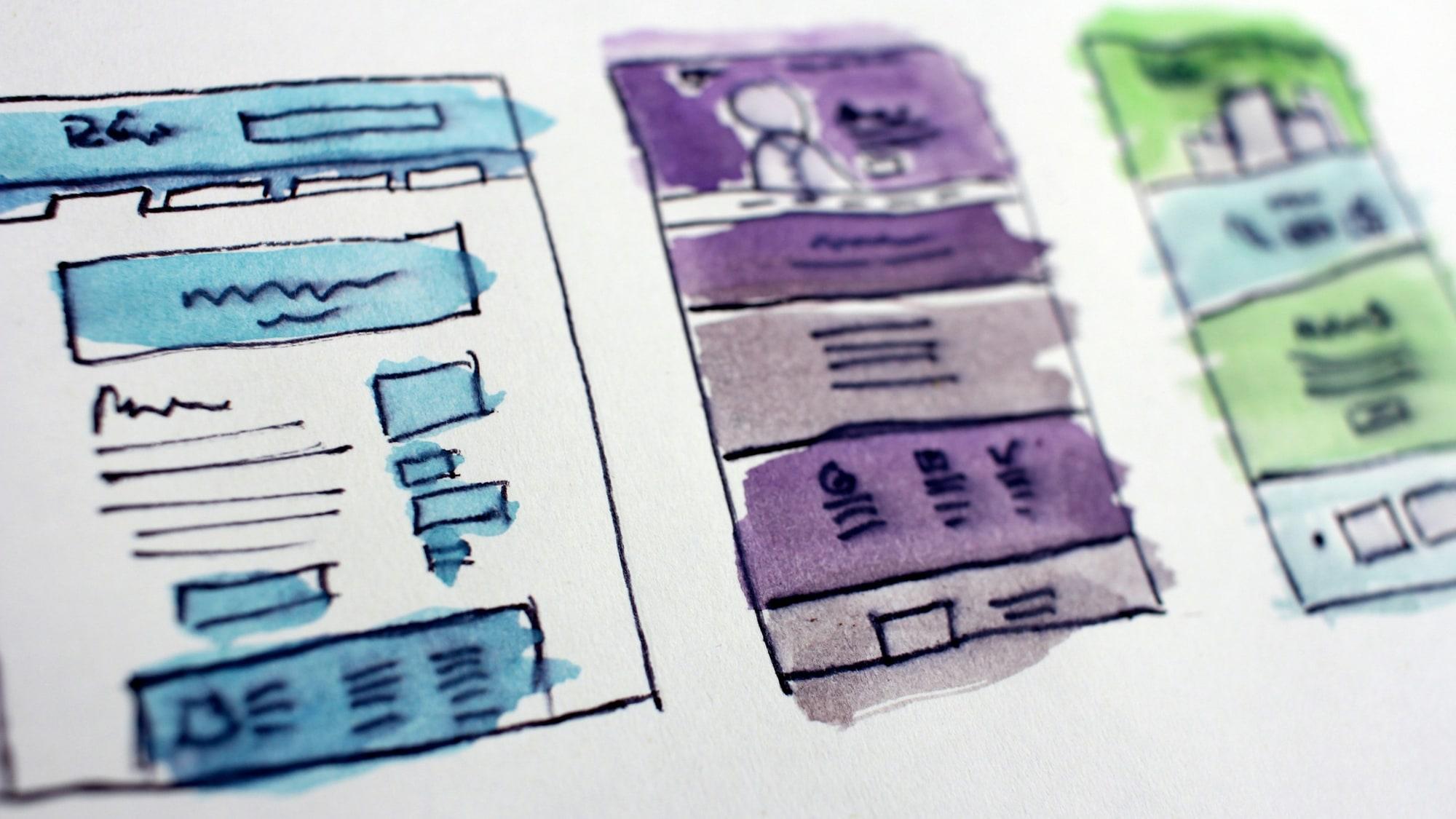 Hand-drawn interface wireframes in ink and watercolour, three screen layouts side by side on white paper.